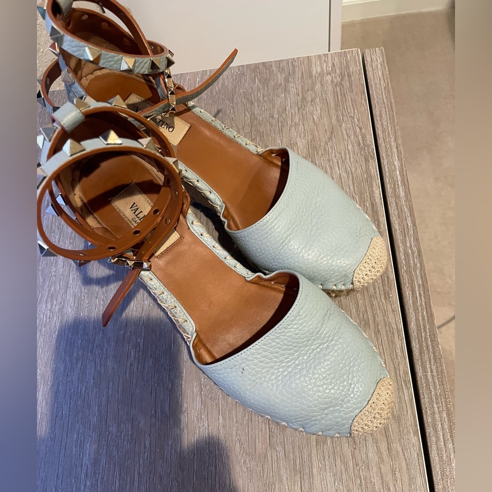 Valentino Rockstud double wrap ankle strap powder blue leather espadrilles